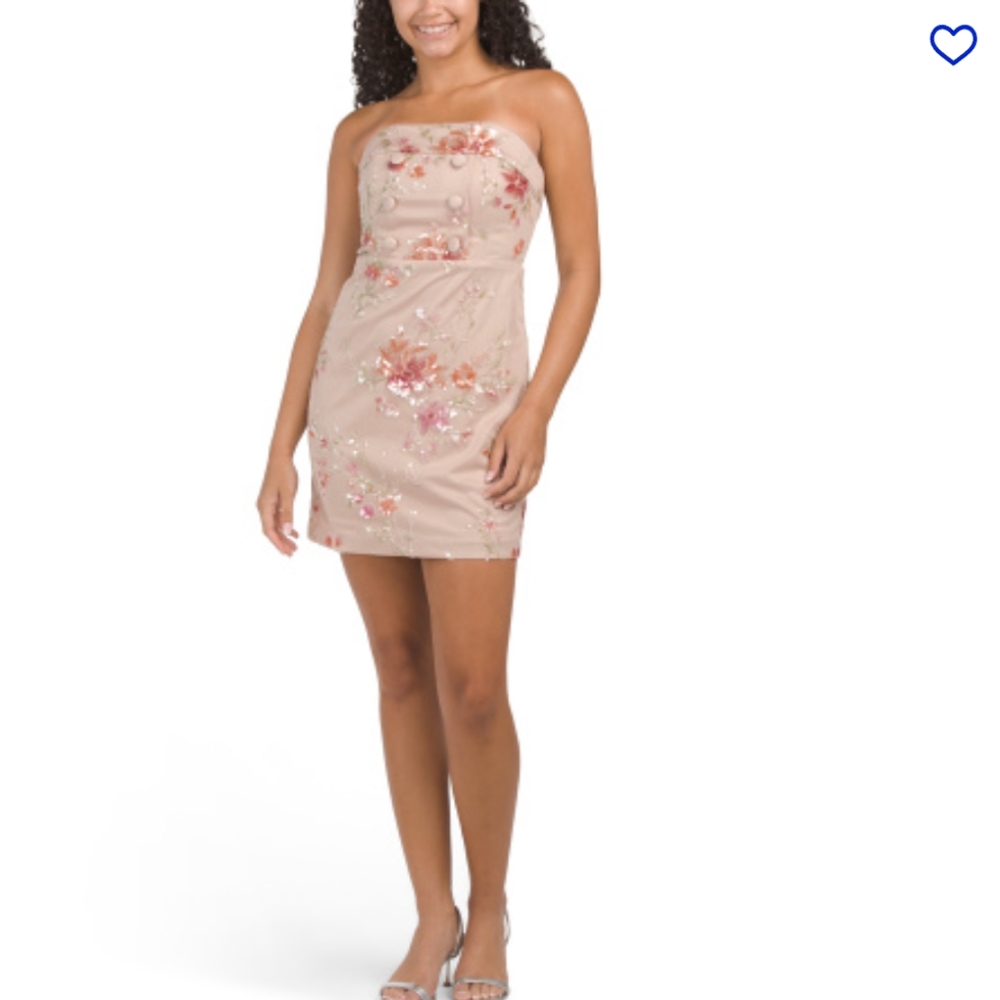 Badgley Mischka Floral Sequin Mini Cocktail Dress On Mesh Coral Pink Size 12 NWT